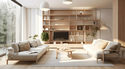 Modern scandinavian living room with beige sofas and and bookshelves