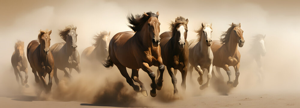 A herd of Arabian horses running beyond a sand storm