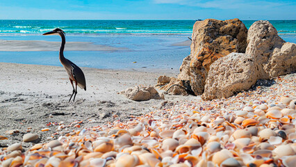 Blue Heron, Rocks, Seashells on the beach, shells, Original photo by Christy Mandeville, Sand Key, Florida, Clearwater Beach, Florida