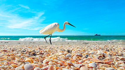 White Egret on the beach, Rocks, Seashells on the beach, shells, Original photo by Christy Mandeville, Sand Key, Florida, Clearwater Beach, Florida