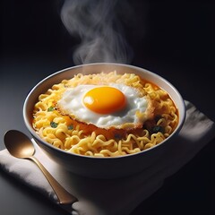 A bowl of hot indomie soup with fried egg and spoon