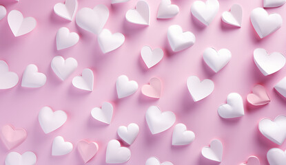 Fototapeta na wymiar White paper hearts on pink background