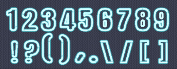 Realistic glowing neon numbers and symbols. Vector illustration