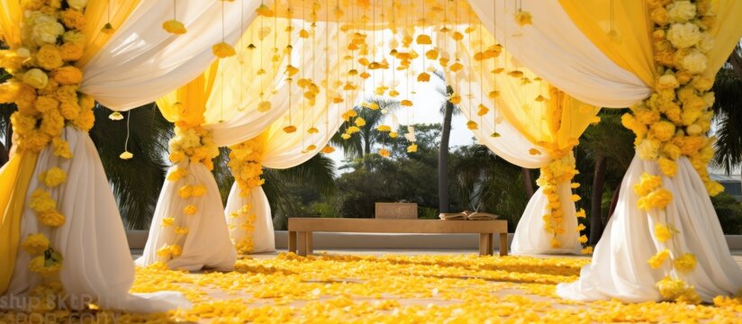 Yellow and white flowers decorate the Indian wedding mandap.