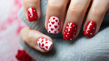 This pink and red manicure is decorated with hearts, creating a romantic look for Valentine's Day. Delicate design, sparkling and stylish, emphasizes the atmosphere of love and warmth