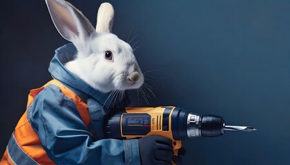 Weißer Hase / Kaninchen als Handwerker in Arbeitsbekleidung und mit Bohrmaschine in der Hand, vor dunkelblauer Wand. Fotorealistische Illustration - obrazy, fototapety, plakaty