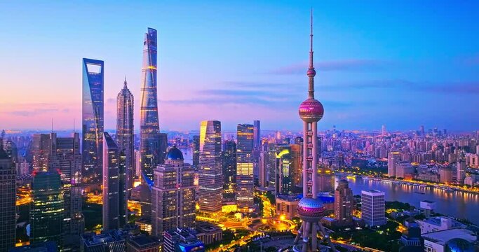 Aerial shot of Shanghai city skyline and natural scenery in China. Creative category video without architectural logos