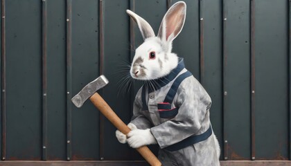 Weißer Hase / Kaninchen als Handwerker in Arbeitsbekleidung und mit Hammer in der Hand. Vor dunkler Metallwand. Fotorealistische Illustration