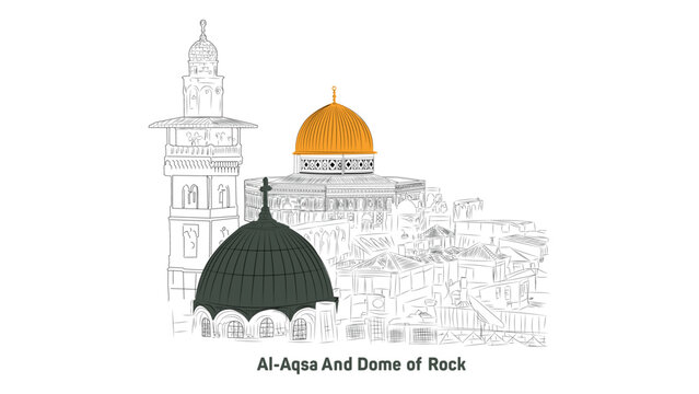 l Aqsa Mosque and Dome of Rock with transparent background in Sketch Style Illustration