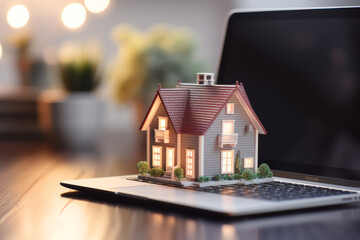 House model stand on laptop keyboard.