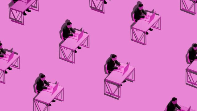 many workers in overalls are sitting at a table with a laptop and writing something. programs or invents content. Pink background with black suits