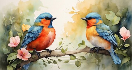 Beside a babbling brook, a pair of songbirds, one with vibrant plumage and the other more subdued, discuss  Generative AI