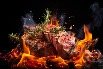 Sizzling Yummy Beef Grill Steak on Dark Black Table with Fire and Smoke, Food Photograph, Food Styling Created with Generative AI Tools