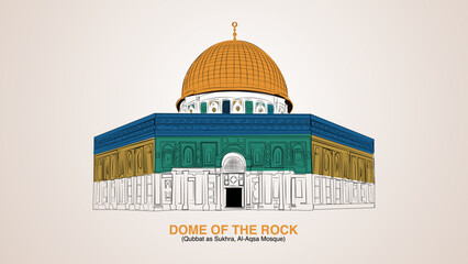 Front View of Dome Of Rock, Half Colored, Qubbat Al Sukhra in Masjid Al Aqsa