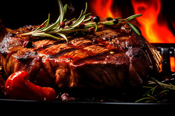 Sizzling Yummy Beef Grill Steak on Dark Black Table with Fire and Smoke, Food Photograph, Food Styling Created with Generative AI Tools