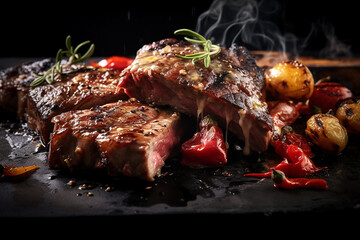 Sizzling Yummy Beef Grill Steak on Dark Black Table with Fire and Smoke, Food Photograph, Food Styling Created with Generative AI Tools