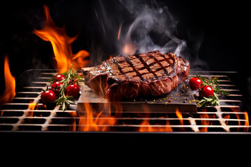 Sizzling Yummy Beef Grill Steak on Dark Black Table with Fire and Smoke, Food Photograph, Food Styling Created with Generative AI Tools