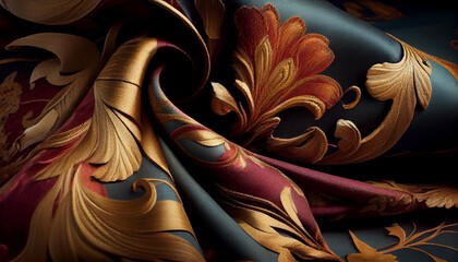 Abstract detailed wavy fabric 3D pattern, beautiful floral shapes, close-up. Dark silk composition. Generative AI
