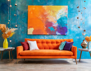 Orange sofa with colorful pillows and abstract painting wall art Modern interior for mockup, wall art. Promotion background with copyspace.