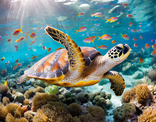 Obraz na płótnie Canvas Sea turtle surrounded by colorful fish underwater.