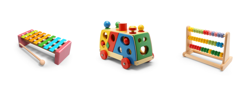 cutout set of 3 colorful classic toddler or baby toys of car wheels, xylophone, abacus and geometric cubes for early learning, isolated on transparent png background - Powered by Adobe