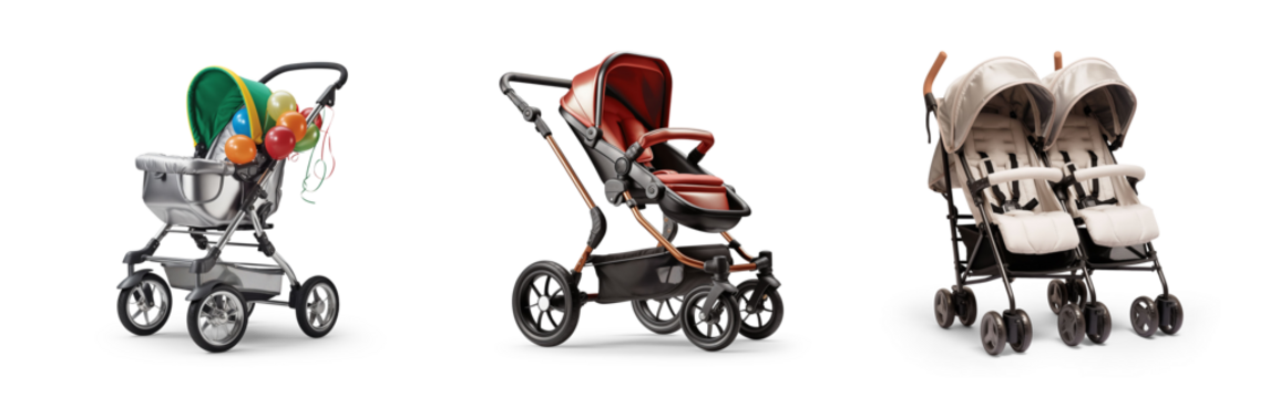 modern set collection of baby stroller pushchair carriage on wheels for babies or children newborn essential care gear in different stylish designs, cutout on isolated transparent png background