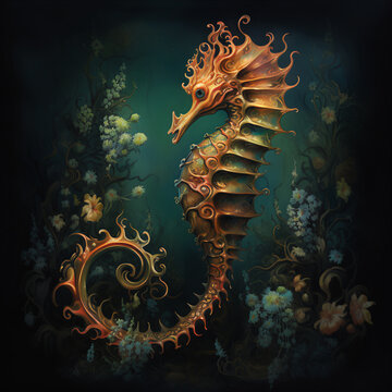 Seahorse Enchantment: Dutch Golden Age-Inspired Oil Painting Illustration