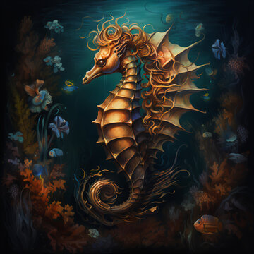 Enchanted Seahorse Illustration: Dutch Golden Age Inspired Oil Painting in Deep Tones