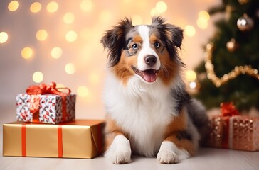 Fototapeta na wymiar Happy Australian Shepherd dog sitting with Christmas presents and tree in the background