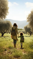 Une mère tient la main de sa fille pendant une randonnée dans un champs d'olivier, scène de la vie de famille dans le sud de la France