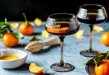 Tangerine cocktail or aperitif over grey concrete and dark background with fresh fruits and squesed...