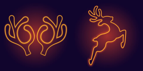 Fototapeta premium Christmas reindeer, neon set of glowing jumping deer and antlers, vector illustration.