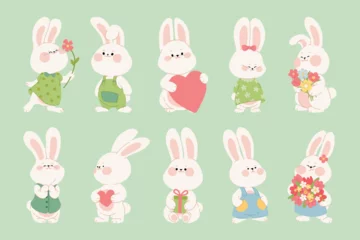 Tuinposter Collection of cute rabbits in love. Cartoon characters of happy bunnies couples with gifts, hearts, flowers. Kawaii hares for Valentine's Day card, sticker, banner, package design. Vector illustration © Berentina