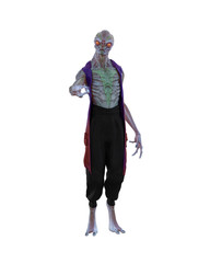 Alien humanoid creature standing in futuristic costume and pointing at viewer. Isolated 3D illustration.