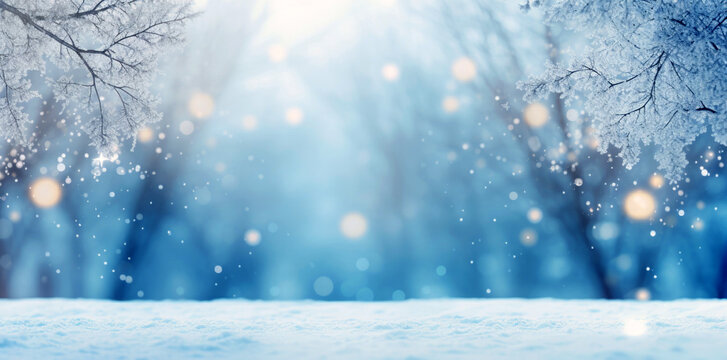 Beautiful winter background image of frosted spruce branches and small drifts of pure snow with bokeh Christmas lights and copy space for text.