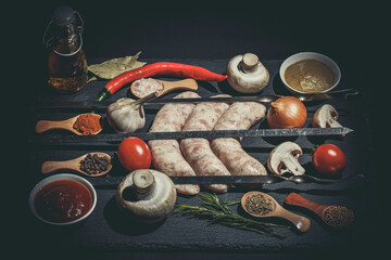 Raw barbecue sausages with different spices and vegetables, raw sausages and raw vegetables, tomatoes, mushrooms, potatoes, peppers, barbecue cooking
