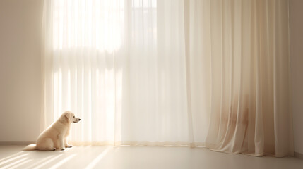 Minimalist photo of a puppy dog sitting waiting in an empty room in front of a window with natural light filtering through cream colored curtain