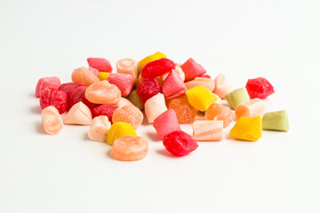 Colorful,Traditional Turkish Hard Candy Akide, from ,Ottoman Cuisine heap on white surface with copy space