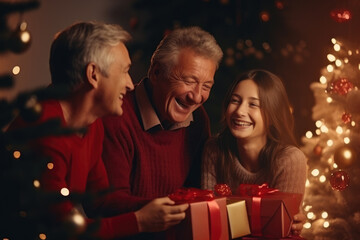 Obraz na płótnie Canvas In December, the joyful senior mans celebrates with his daughter around the Christmas tree