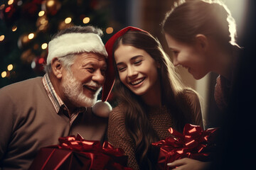 Joyful grandfather and children celebrate around the December Christmas tree