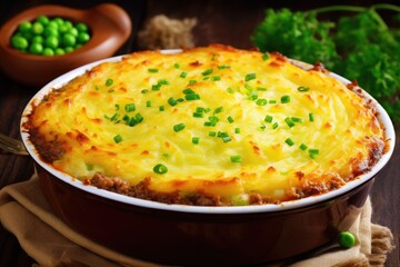 Hachis Parmentier Top View: French-style Shepherd's Pie with Mashed Potato Topping, Cooked Minced Beef, Vegetables, and Green Peas - obrazy, fototapety, plakaty