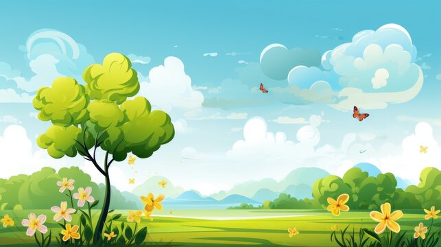 Cartoon Nature Design with Green Tree, Flower, and Leaf Illustrations ideal for Spring or Summer Background Plant Theme