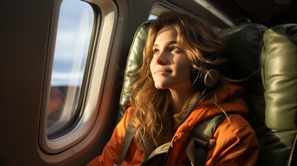 Girl flying on a plane, looking out the window, listening to music.