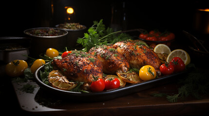 Baked chicken tobacco dish with lemon, tomatoes, and herbs on the table.