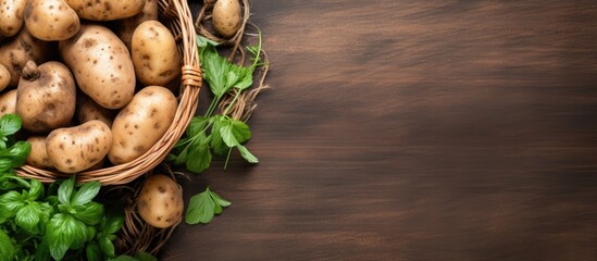 Top view of wicker basket with freshly harvested potatoes and a retro hand tool, promoting growing own vegetables and healthy food. - obrazy, fototapety, plakaty