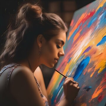 A portrait of a young artist passionately painting a canvas, colors swirling with emotion2