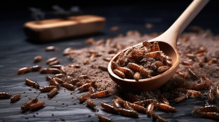 Delicious Mealworms and Flour on Grey Granite Table. Edible Protein Ingredients for Food Products, Featured in Wooden Spoons.
