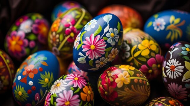 Hand-painted Easter eggs with colorful floral patterns