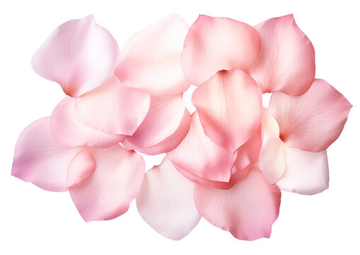  Rose petals in pink and white isolated on white background. Soft pink background with various pink petals of dusty roses on white backdrop. Romantic love Valentine’s Day photo by Vita