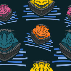 Editable Front View Personal Watercraft or Water Scooter in Various Colors on Calm Water Vector Illustration as Seamless Pattern With Dark Background for Transportation or Recreation Related Design